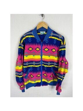 Vintage Kactus Fleece Bomber Jacket Southwestern Geometric Neon Blue Pink M